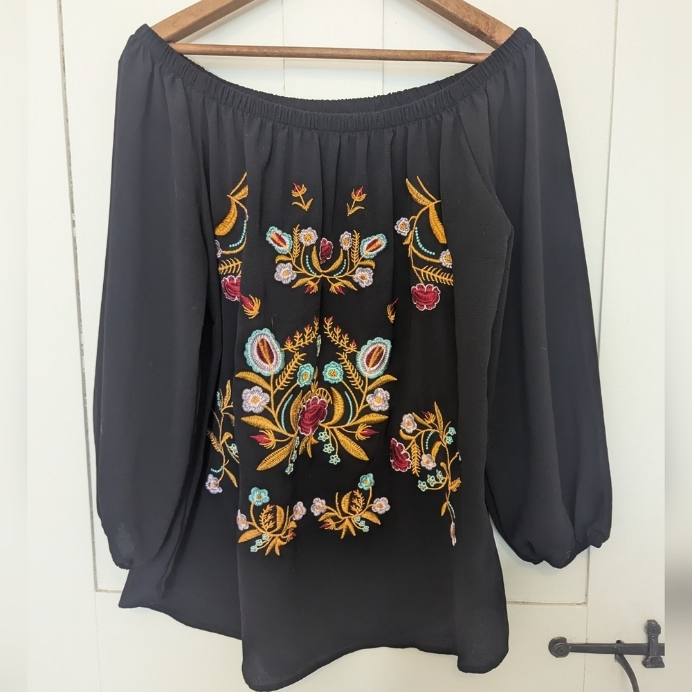 🖤 Mexican Embroidered Black Off-Shoulder Top blouse, Western Cowgirl Prairie